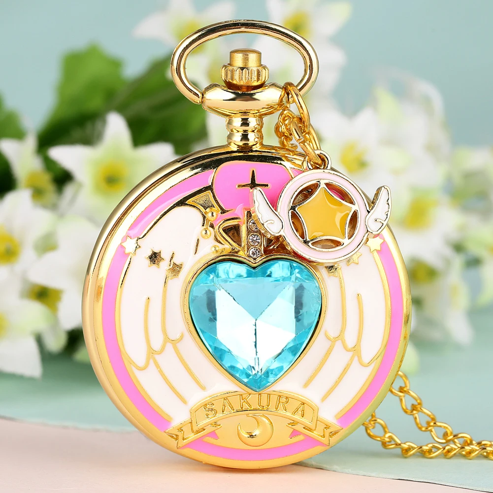 Anime Cardcaptor Sakura Heart Shaped Gem Kawai Quartz Pocket Watch