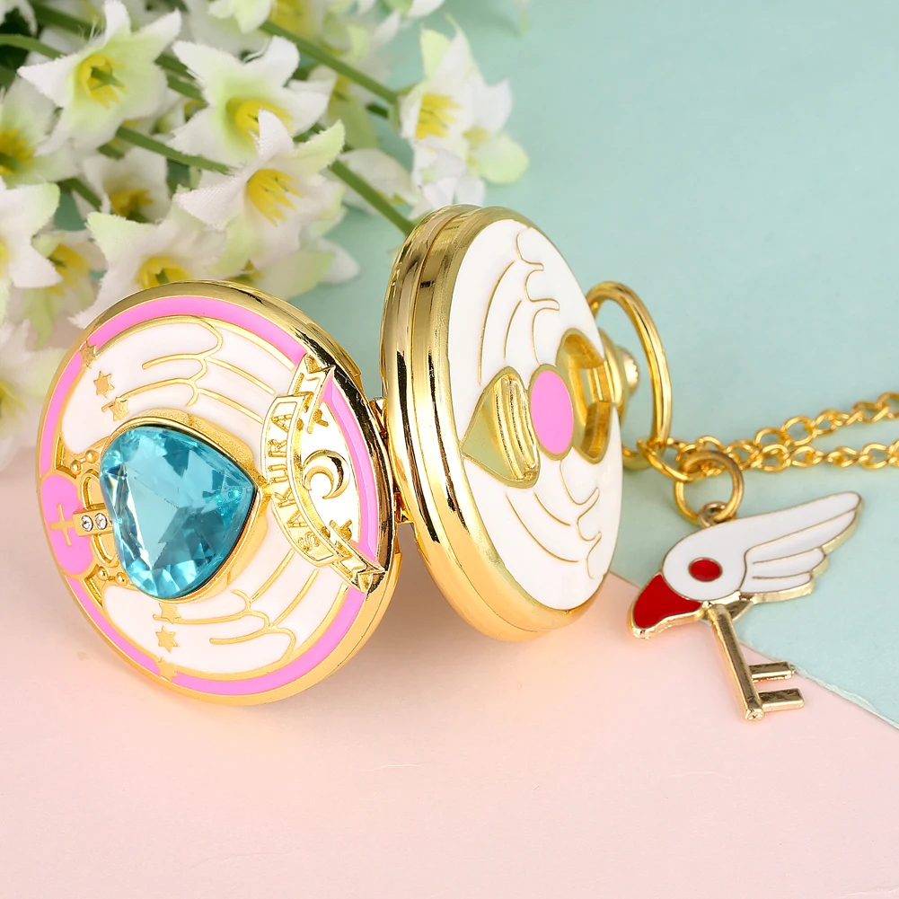 Anime Cardcaptor Sakura Heart Shaped Gem Kawai Quartz Pocket Watch