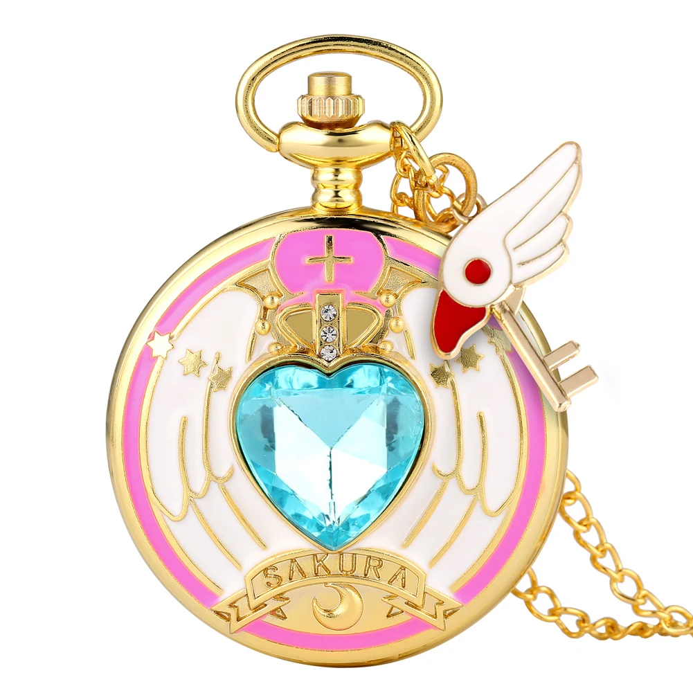 Anime Cardcaptor Sakura Heart Shaped Gem Kawai Quartz Pocket Watch