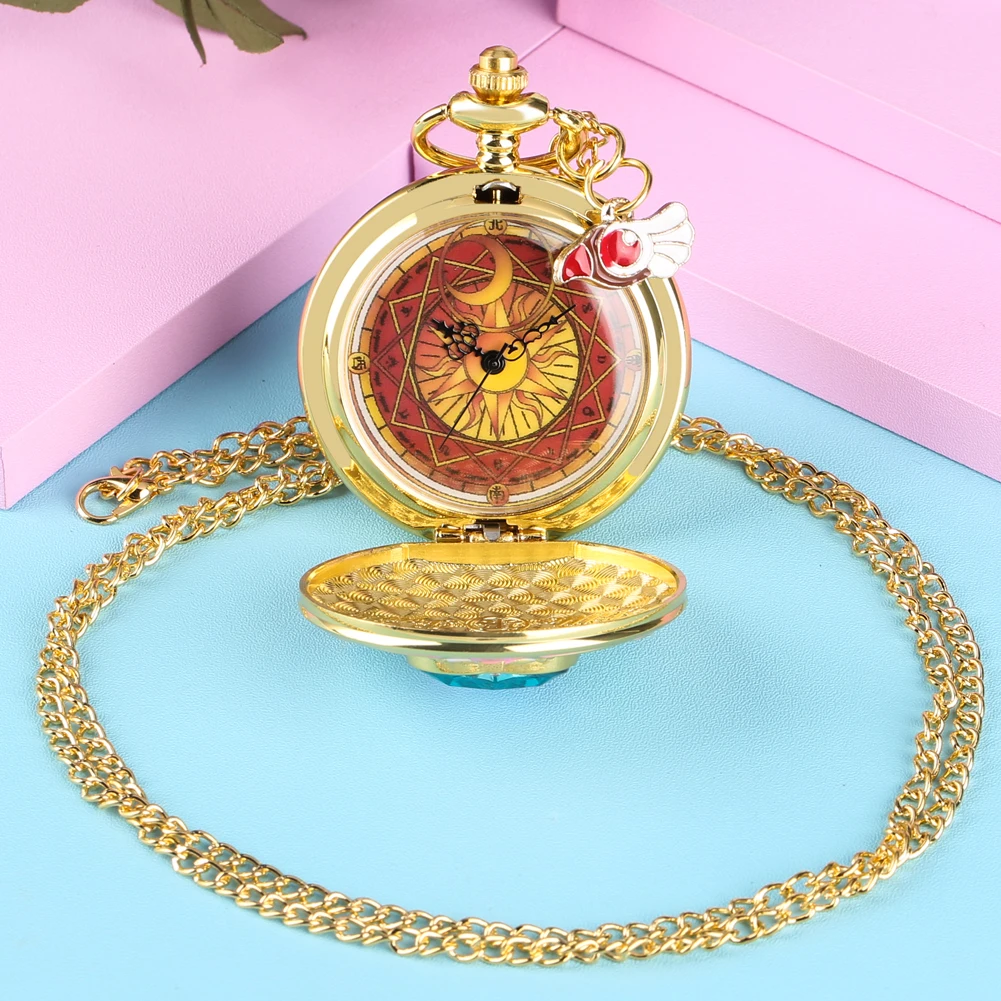 Anime Cardcaptor Sakura Heart Shaped Gem Kawai Quartz Pocket Watch