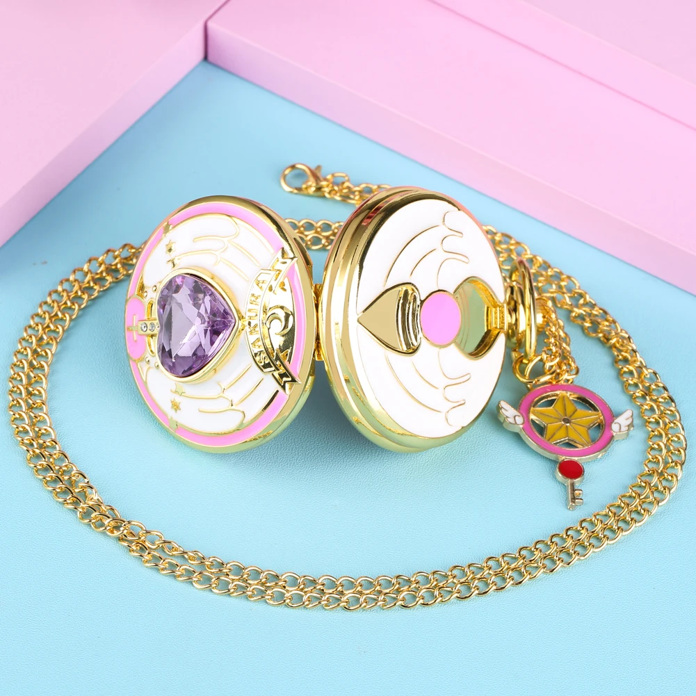 Anime Cardcaptor Sakura Heart Shaped Gem Kawai Quartz Pocket Watch