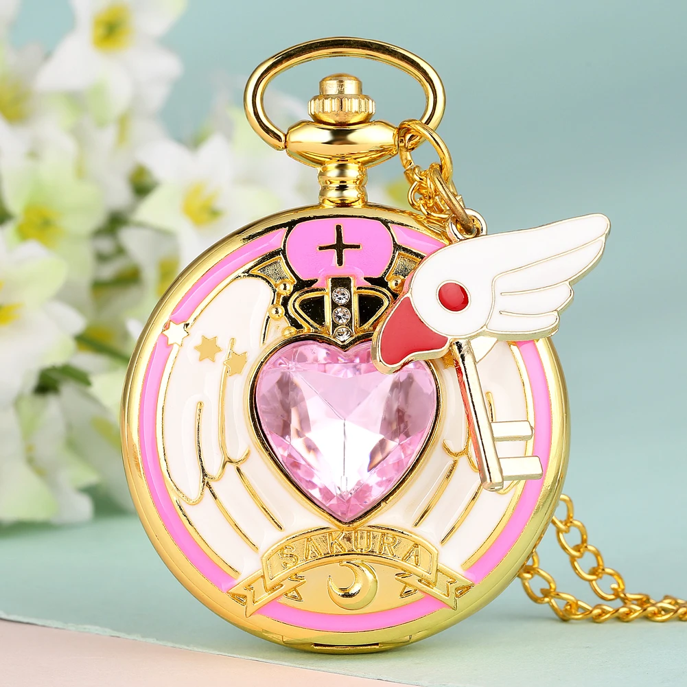Anime Cardcaptor Sakura Heart Shaped Gem Kawai Quartz Pocket Watch