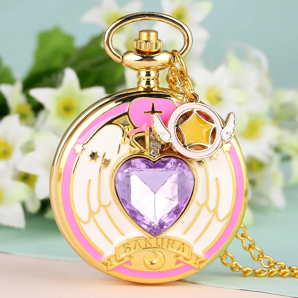 Anime Cardcaptor Sakura Heart Shaped Gem Kawai Quartz Pocket Watch