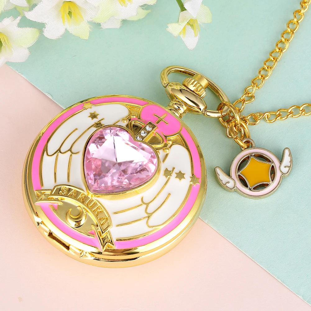 Anime Cardcaptor Sakura Heart Shaped Gem Kawai Quartz Pocket Watch