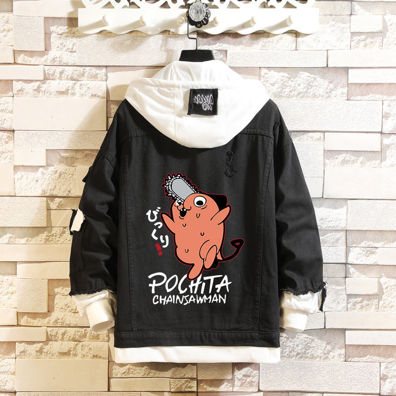 Anime Chainsaw Man Figure Statue Casual Men's Jacket Denim