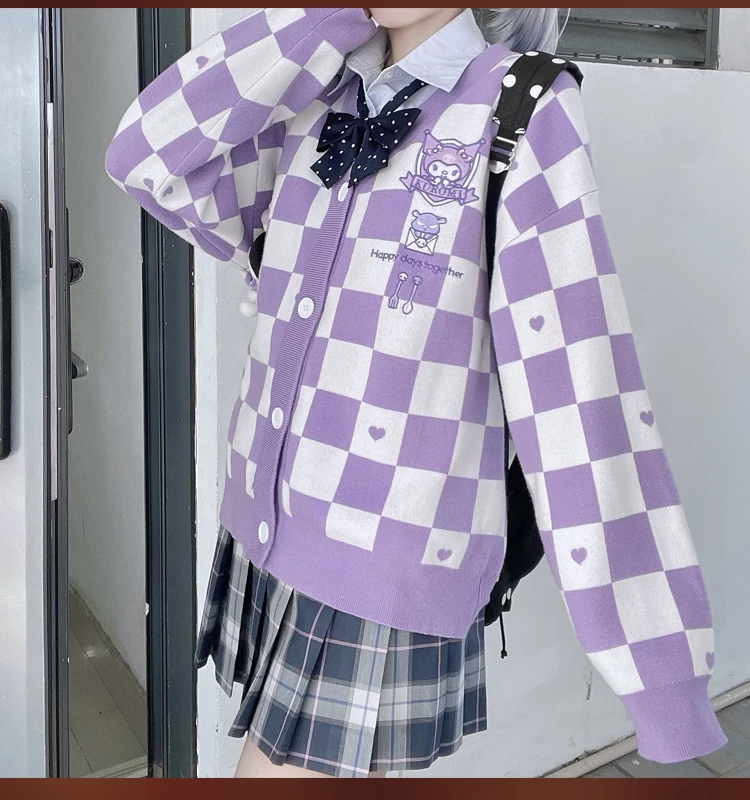 Cartoon Kuromi Kawaii Checkerboard Sweater