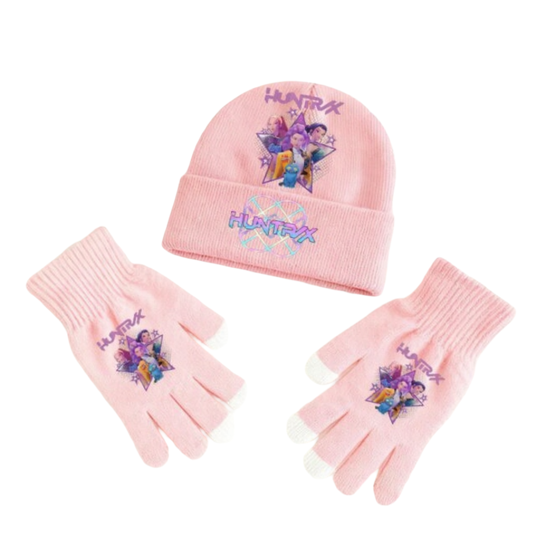 Kawaii Anime KPop Demon Hunters HUNTR/X Print Knitted Hat With Gloves Kawaii Anime KPop Demon Hunters HUNTR/X Print Knitted Hat With Gloves