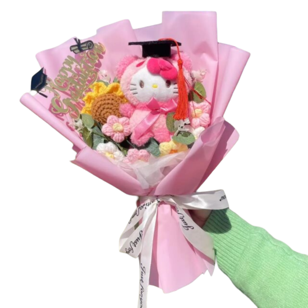 Kawaii Cartoon Hello Kitty Turn Into Panda Plush Graduation Bouquet