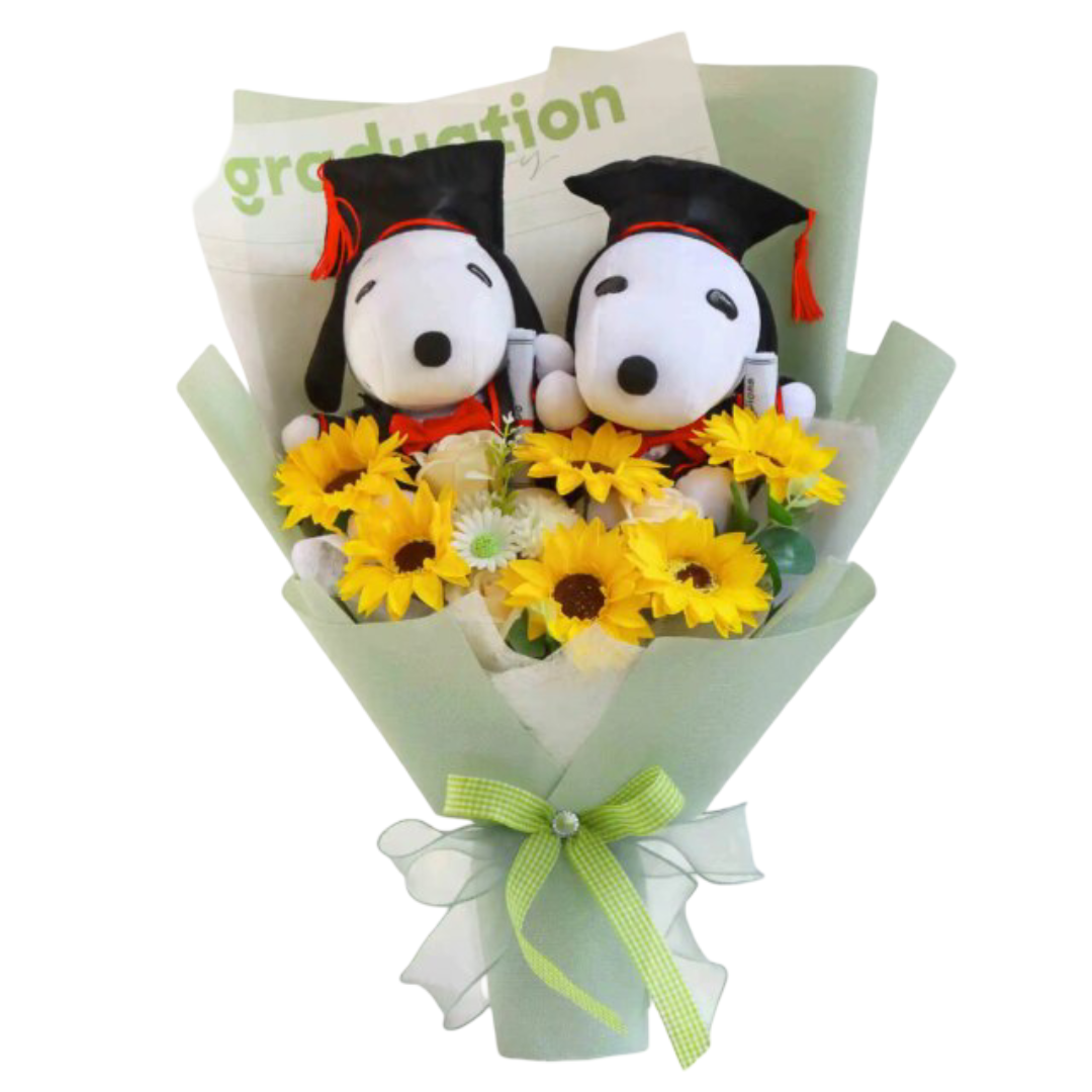 Cartoon Kawaii Snoopy Graduation With Sunflower Plush Bouquet