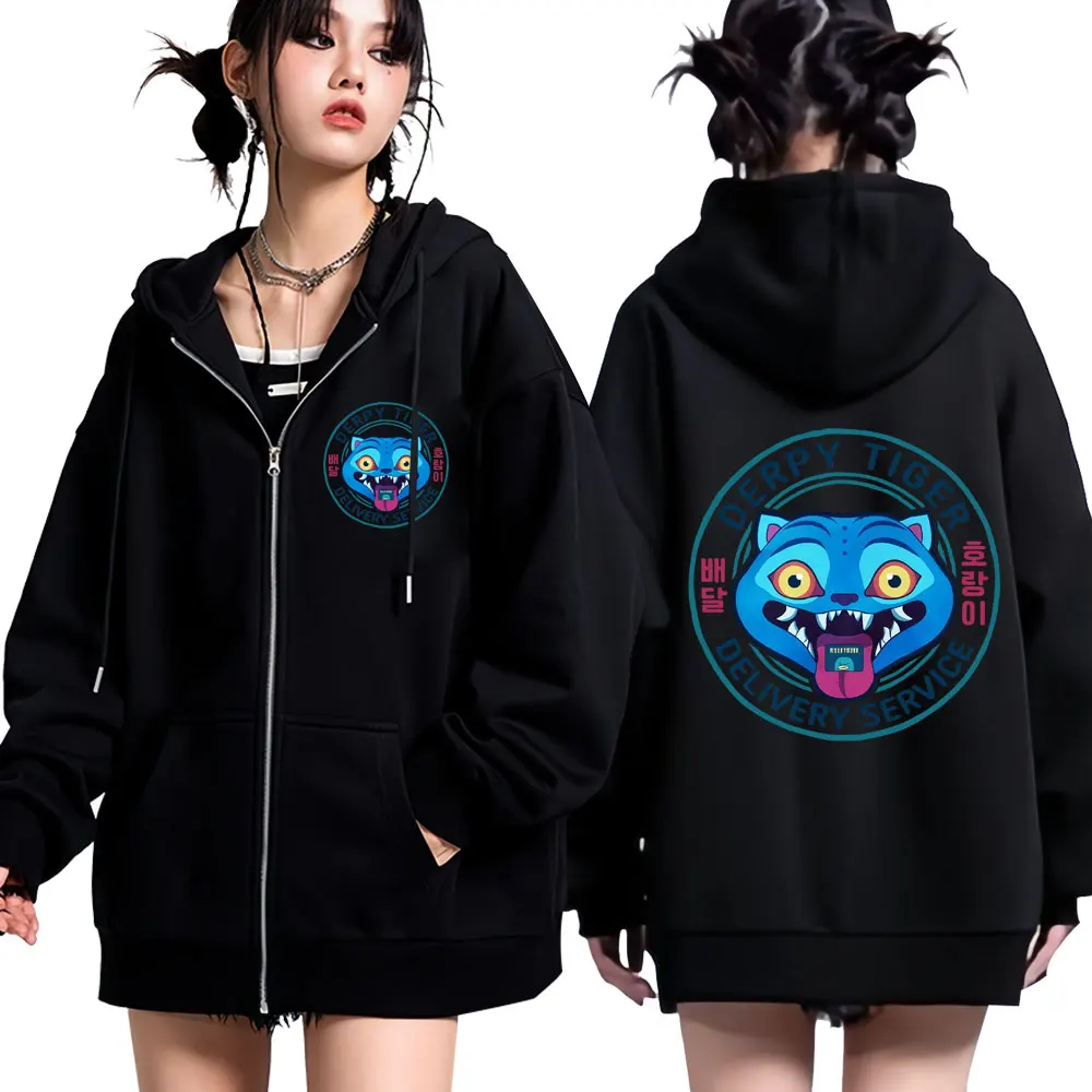 KPop Demon Hunters Kawaii Derpy Tiger Printed Zipper Hoodie KPop Demon Hunters Kawaii Derpy Tiger Printed Zipper Hoodie