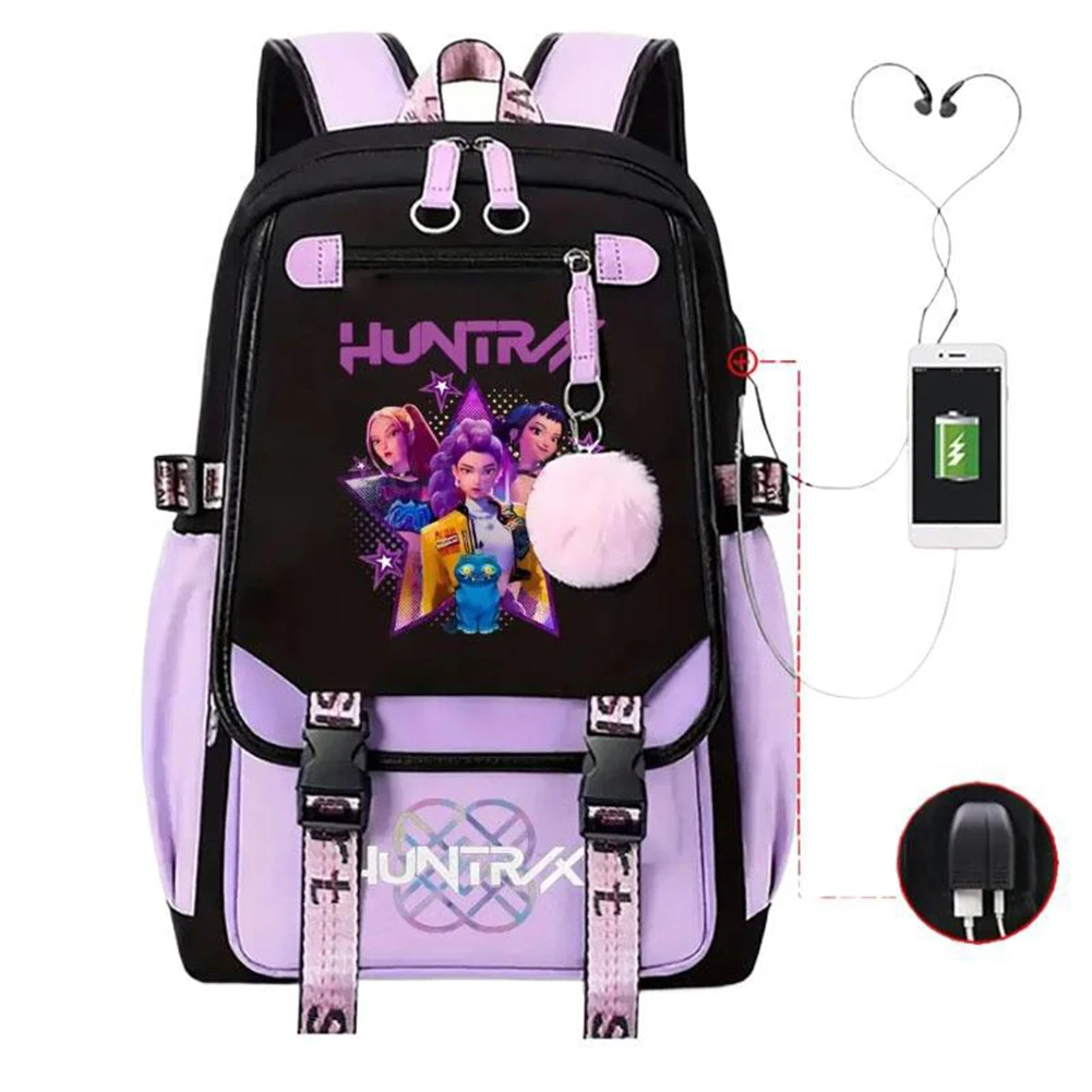 KPop Demon Hunters Kawaii Character Polyester Backpack With USB Cable