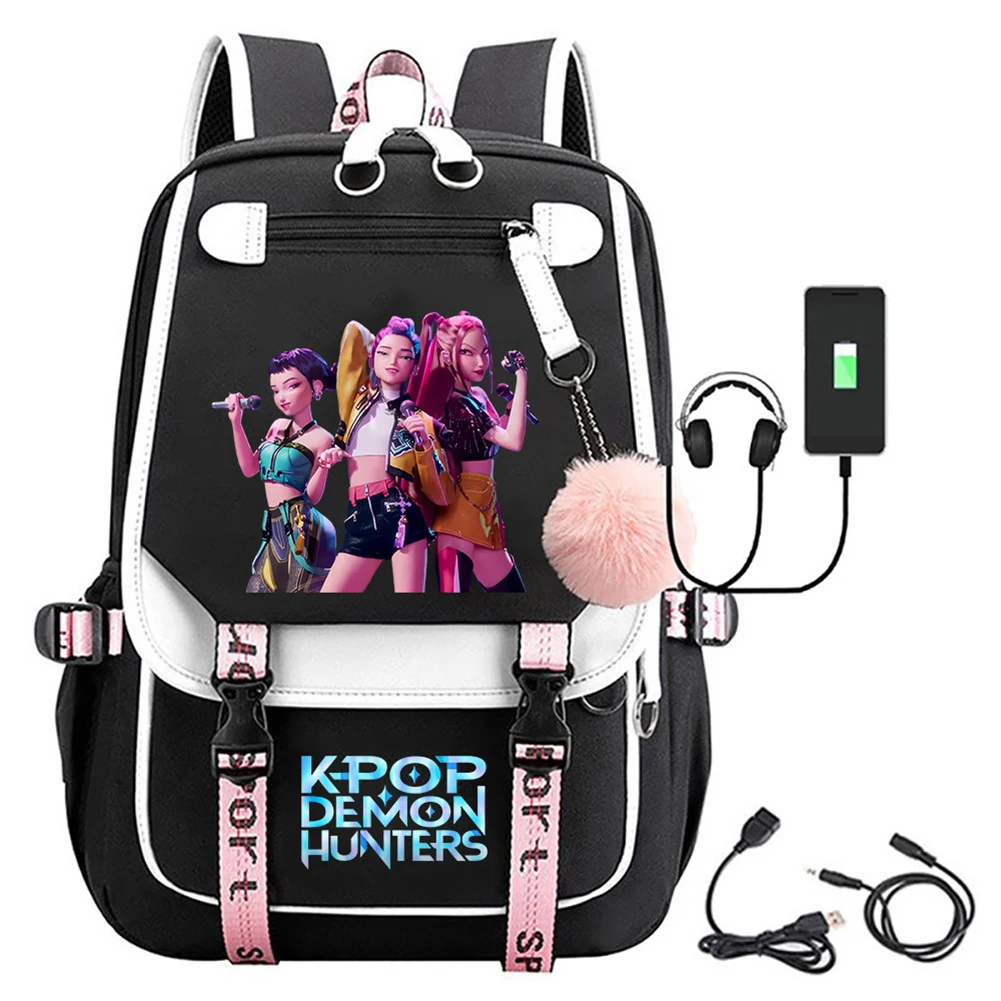 KPop Demon Hunters Kawaii Character Backpack With USB Cable