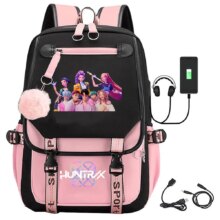 Kawaii KPop Demon Hunters Character And Saja Boys Polyester Backpack With USB Cable Kawaii KPop Demon Hunters Character And Saja Boys Polyester Backpack With USB Cable