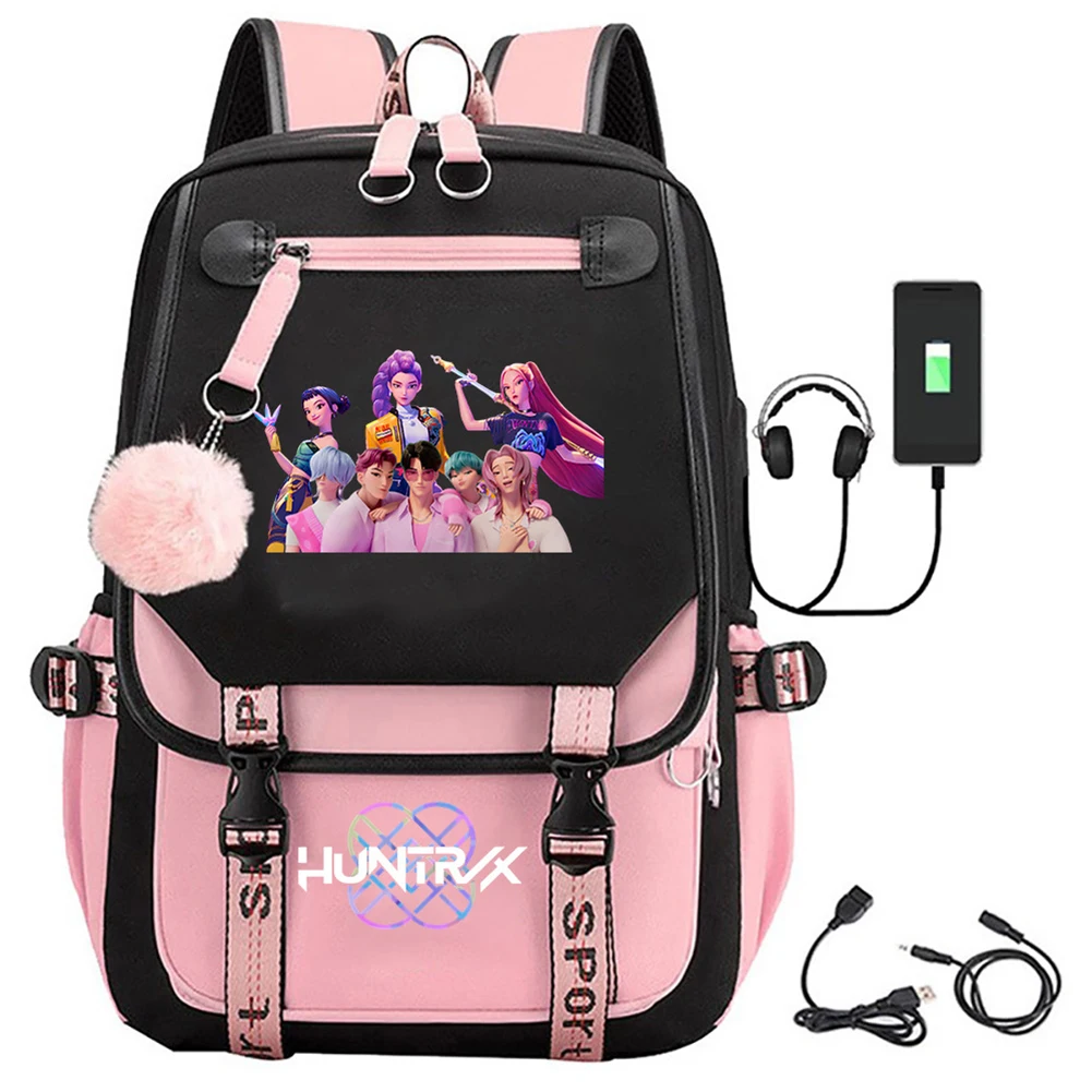 Kawaii KPop Demon Hunters Character And Saja Boys Polyester Backpack With USB Cable