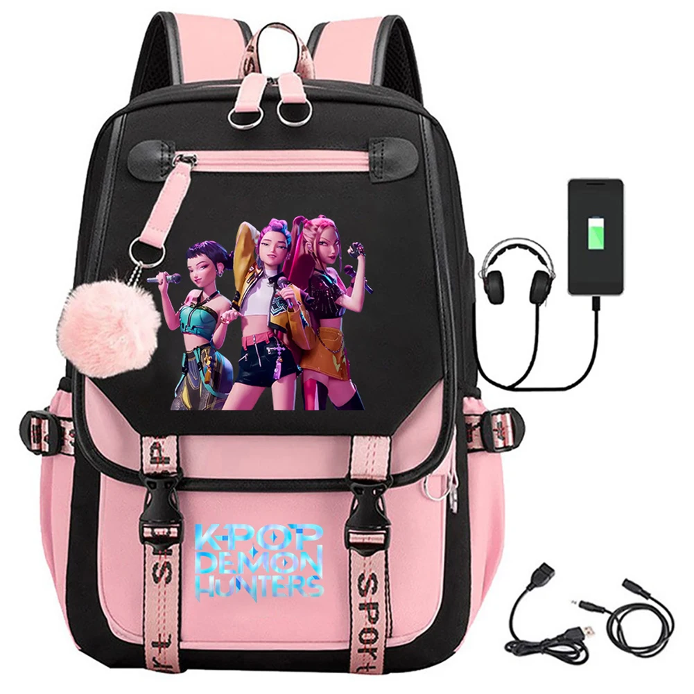 Anime KPop Demon Hunters Kawaii Character Backpack With USB Cable