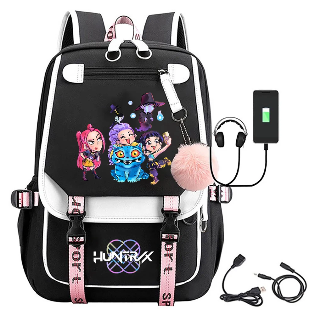 Anime Kawaii KPop Demon Hunters Character Backpack With USB Cable