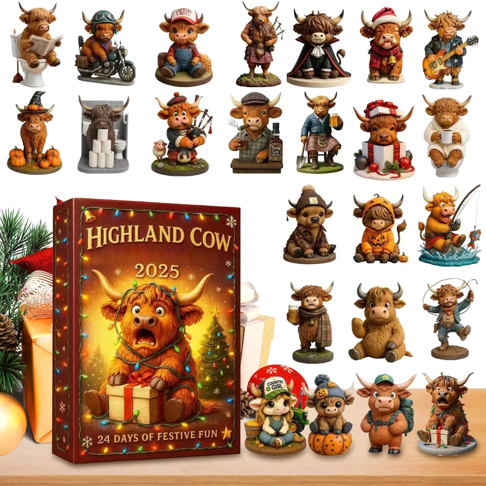 24Pcs Kawaii Christmas Highland Cow Advent Calendar