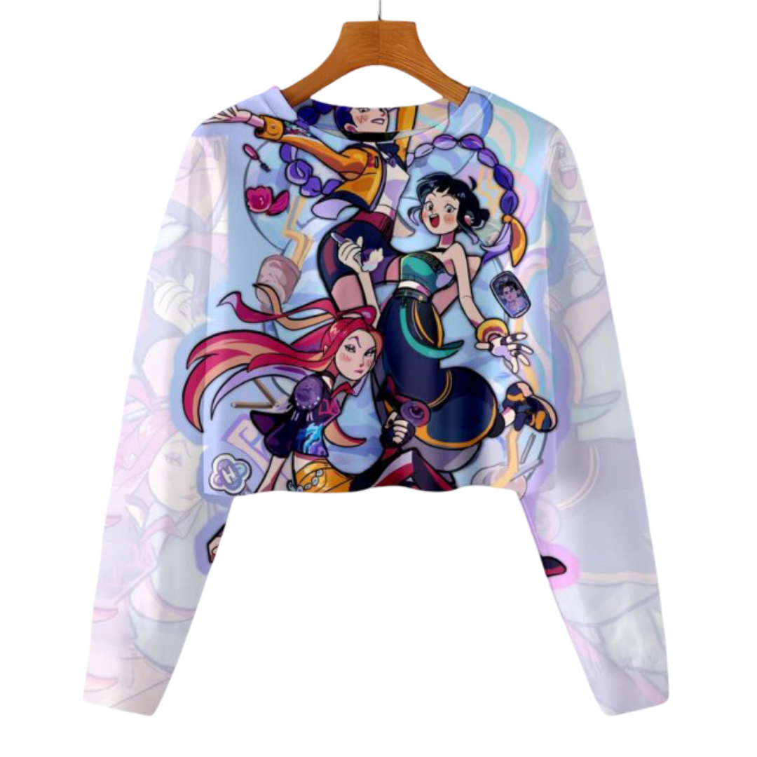 KPop Demon Hunters Kawaii Character Cropped Long Sleeve Hoodie