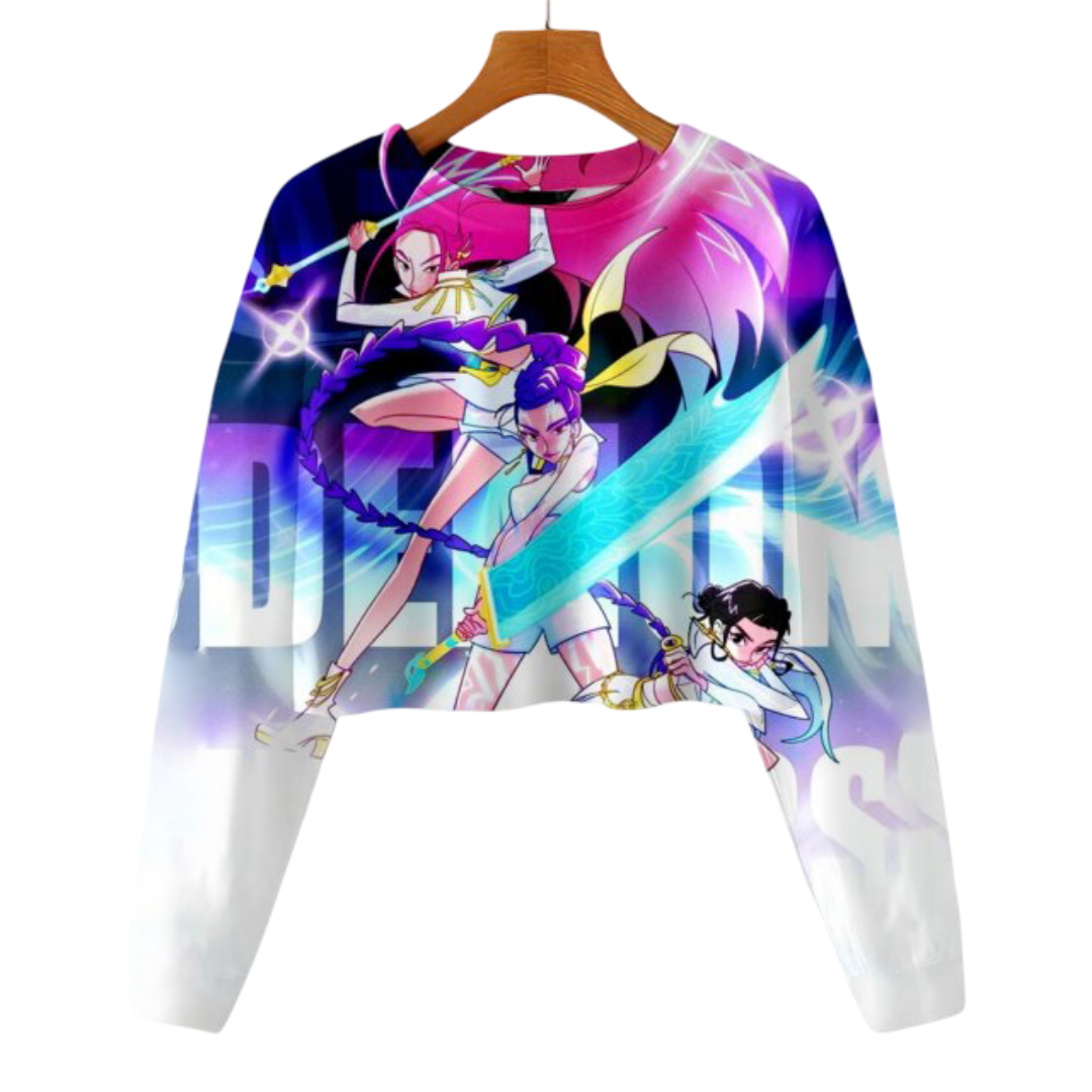 Anime Kawaii KPop Demon Hunters Character Cropped Long Sleeve Hoodie