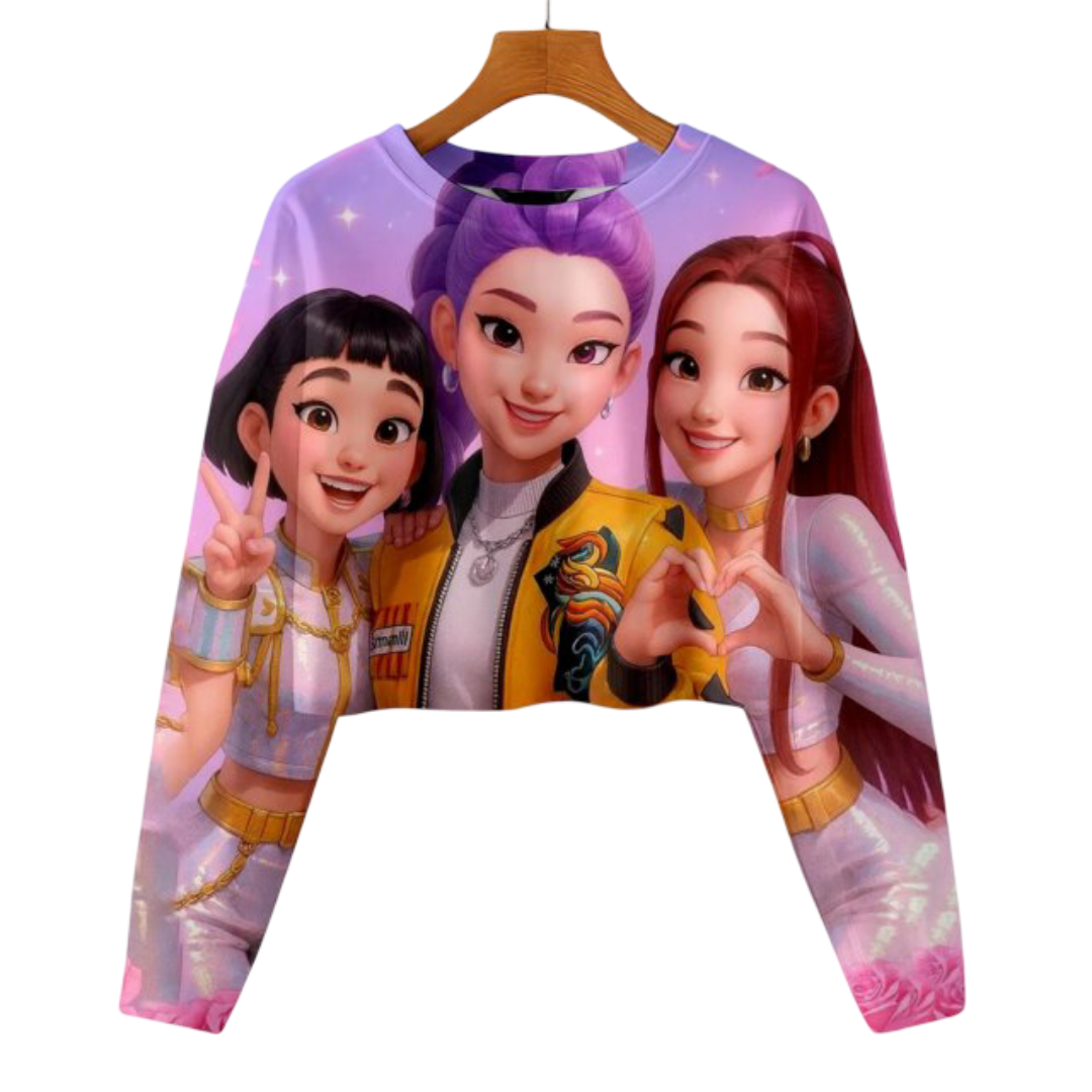 Kawaii KPop Anime Demon Hunters Character Cropped Long Sleeve Hoodie