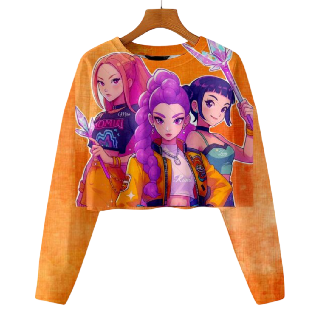 Kawaii KPop Demon Hunters Character Cropped Long Sleeve Hoodie