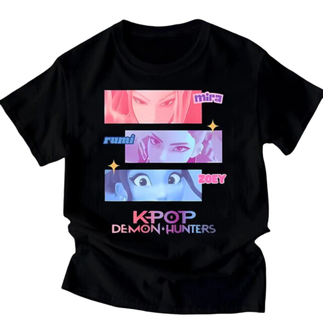 Kawaii KPop Anime Demon Hunters Character Round Neck T-Shirt