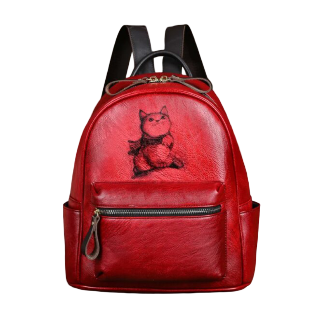 Kawaii Cat Painted Leather Backpack