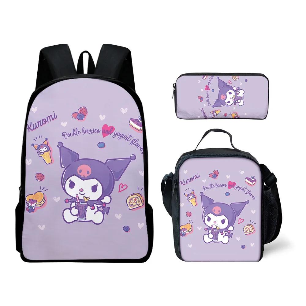 3Pcs Kawaii Sanrio Kuromi Print Ployester Schoolbag 3Pcs Kawaii Sanrio Kuromi Print Ployester Schoolbag