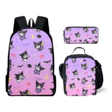 3Pcs Sanrio Kuromi Kawaii Polyester Student Schoolbag 3Pcs Sanrio Kuromi Kawaii Polyester Student Schoolbag