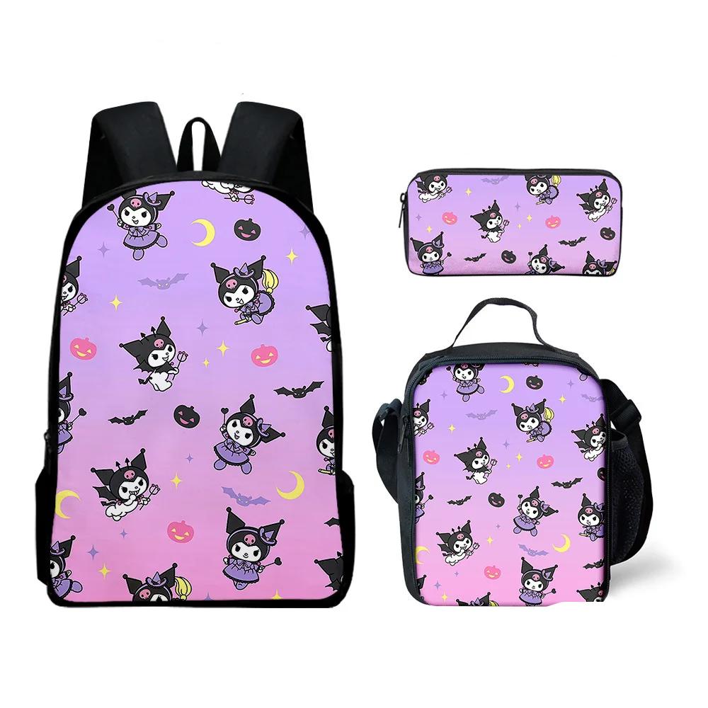3Pcs Sanrio Kuromi Kawaii Polyester Student Schoolbag