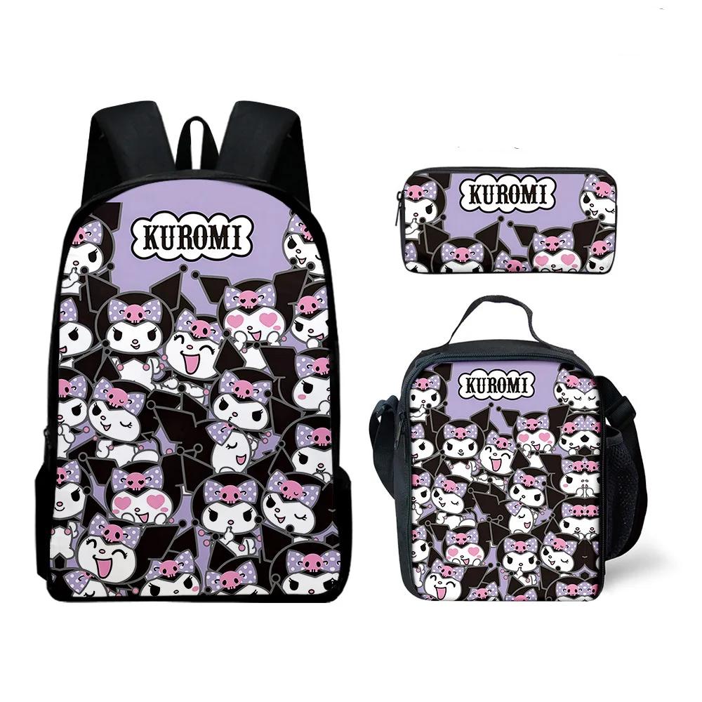 3Pcs Kawaii Sanrio Kuromi Printed Student Schoolbag