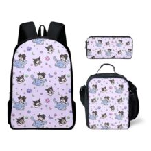 3Pcs Kawaii Sanrio Kuromi Printed Ployester Schoolbag 3Pcs Kawaii Sanrio Kuromi Printed Ployester Schoolbag