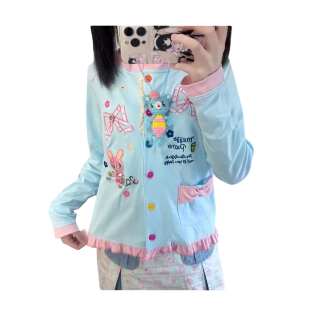 Kawaii Cartoon Mezzo Piano Embroidery Long Sleeve Coat Women 