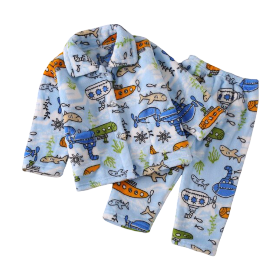 Kawaii Submarine And Fish Printed Children's Pajamas Set