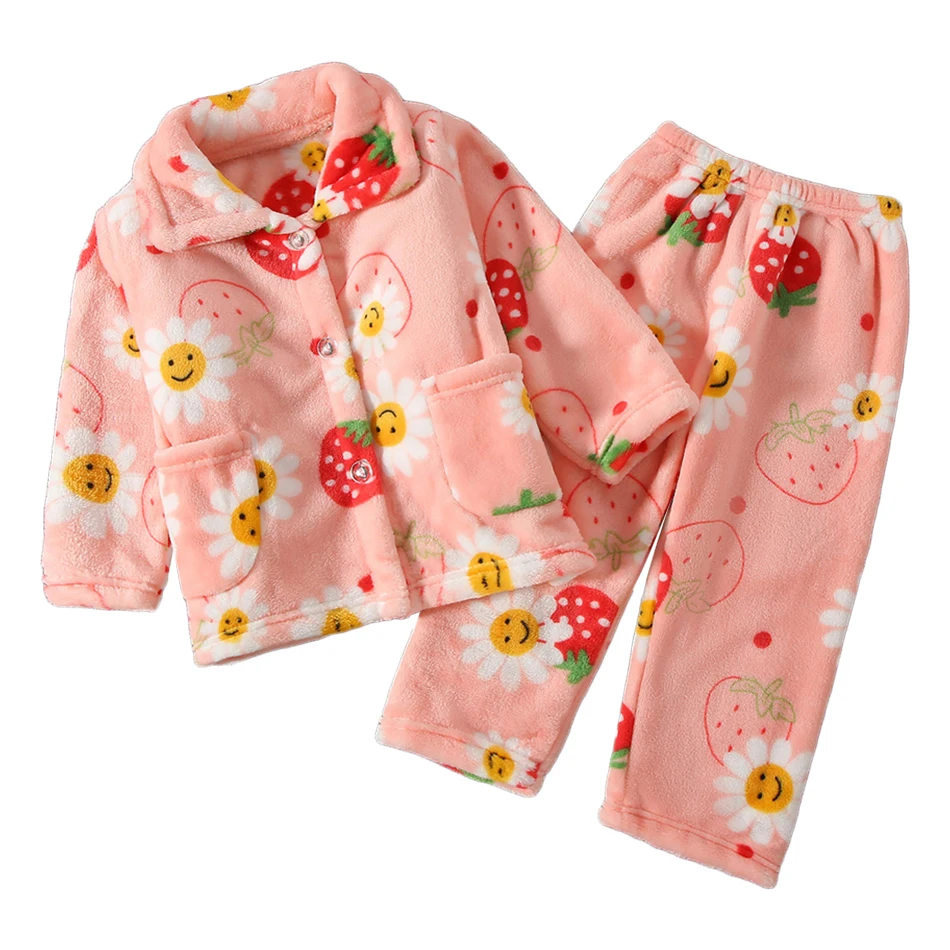 Kawaii Strawberry With Flower Printed Winter Pajama Set