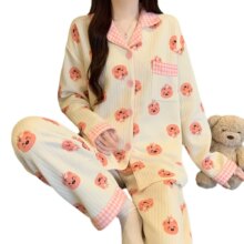 Two-Piece Set Ladies Pajamas Set Long-Sleeved Cartoon Sweet Cute Print Cardigan Home Wear Simple Sleepwear Winter Autumn New Two-Piece Set Ladies Pajamas Set Long-Sleeved Cartoon Sweet Cute Print Cardigan Home Wear Simple Sleepwear Winter Autumn New