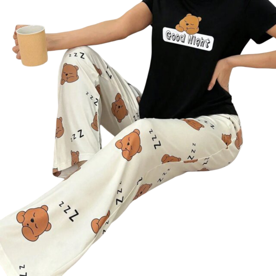 2Pcs Kawaii Woodland Bear Cartoon Print Pajama Set