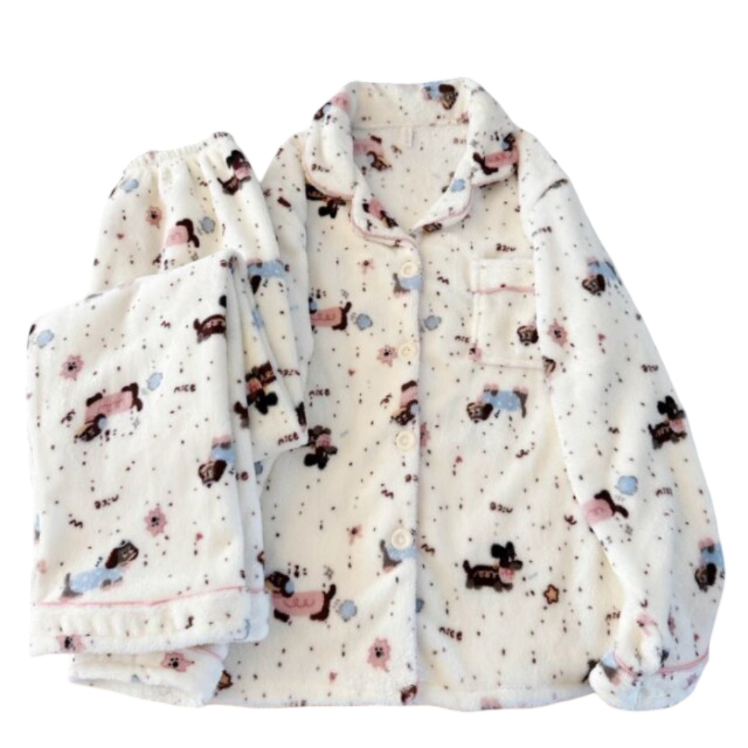 Kawaii Dachshund Dog Print Polyester Pajamas Set