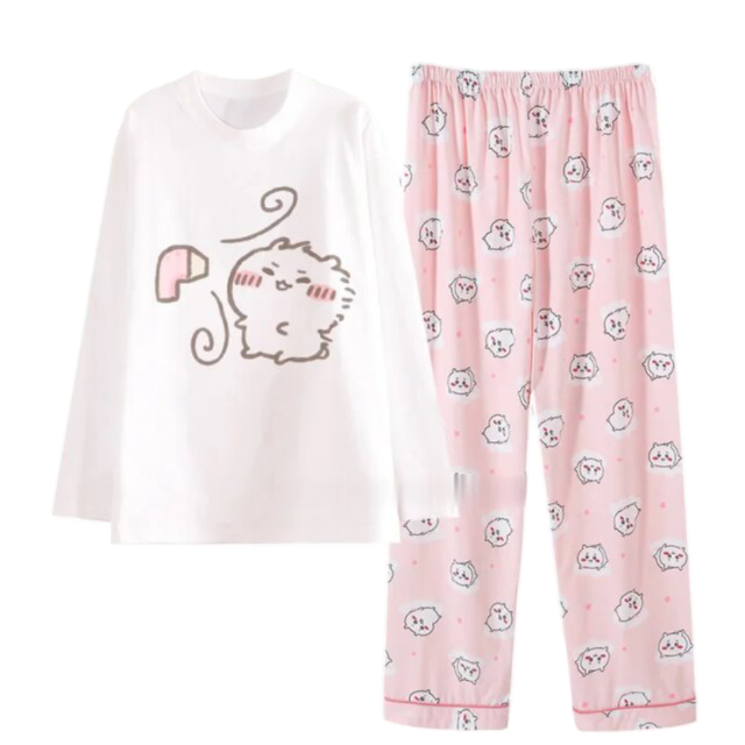 Kawaii Chiikawa Momonga Round Neck Polyester Pajamas Set