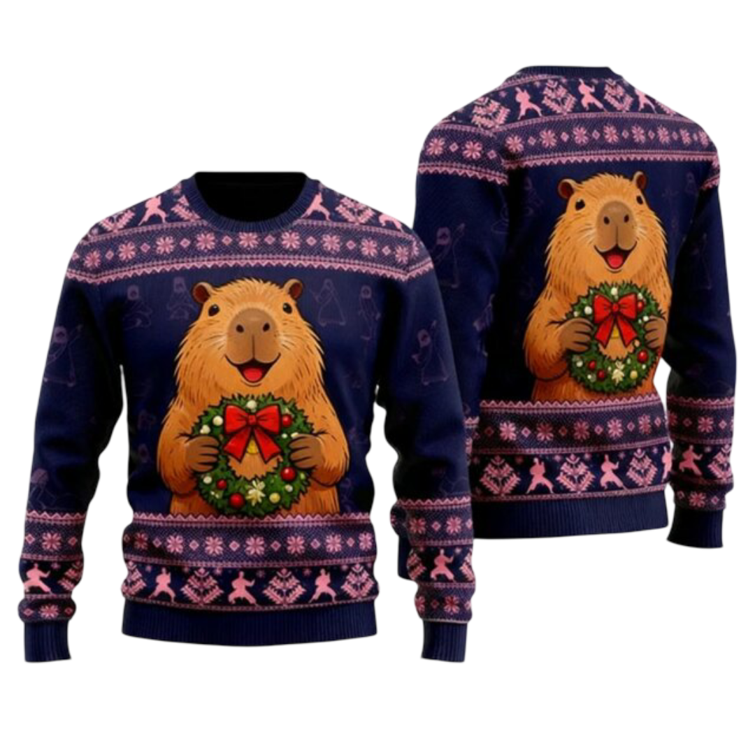 Kawaii Christmas Capybara With Wreath 3D Printed Sweatshirt