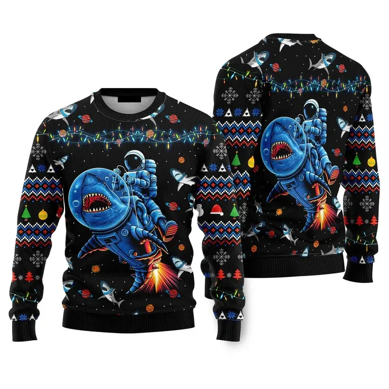 Kawaii Astronaut And Shark Printed Sweater