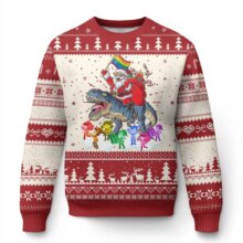 Kawaii Christmas Claus Riding A Tyrannosaurus Rex Printed Sweater Kawaii Christmas Claus Riding A Tyrannosaurus Rex Printed Sweater