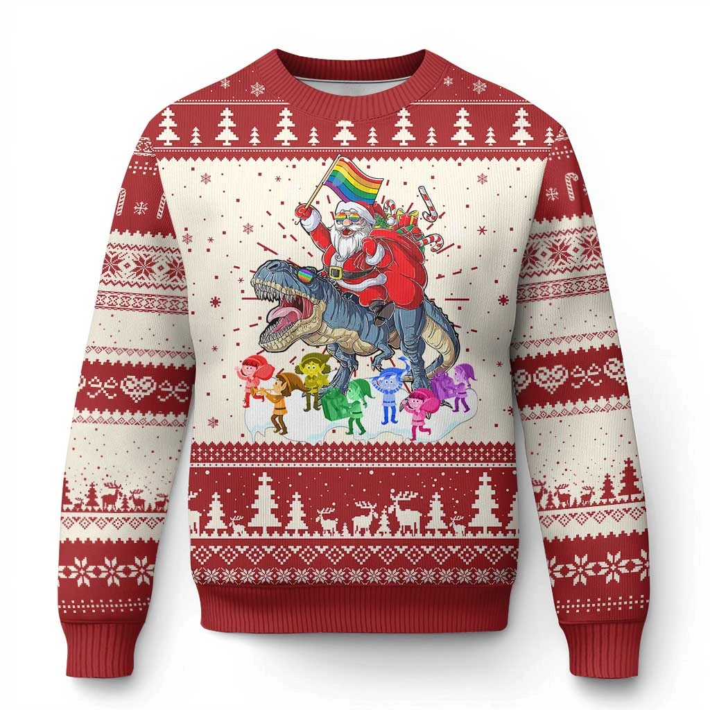 Kawaii Christmas Claus Riding A Tyrannosaurus Rex Printed Sweater