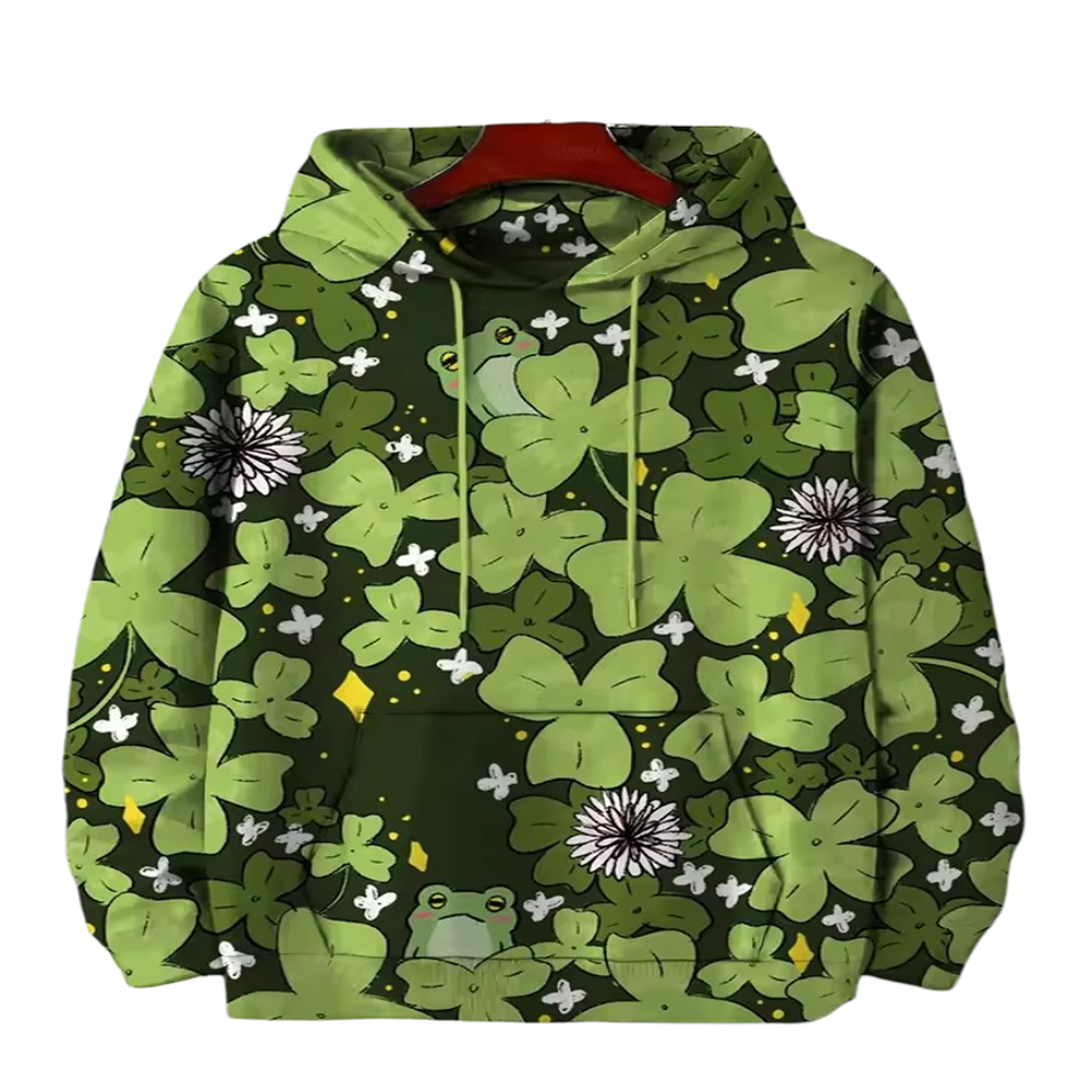 Kawaii Green Frog With Clover Leaves Hoodie