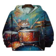 Kawaii Drummer Cat Printed Hoodie Kawaii Drummer Cat Printed Hoodie