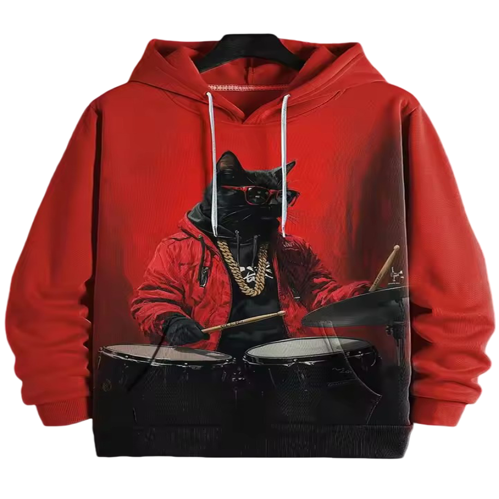 Kawaii Cat Drummer Printed Hoodie