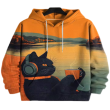 Kawaii Cat With Coffee Cup Printed Hoodie Kawaii Cat With Coffee Cup Printed Hoodie