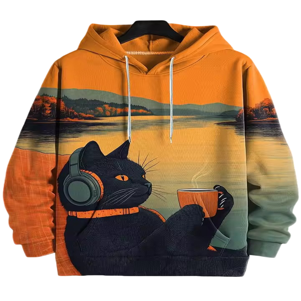Kawaii Cat With Coffee Cup Printed Hoodie