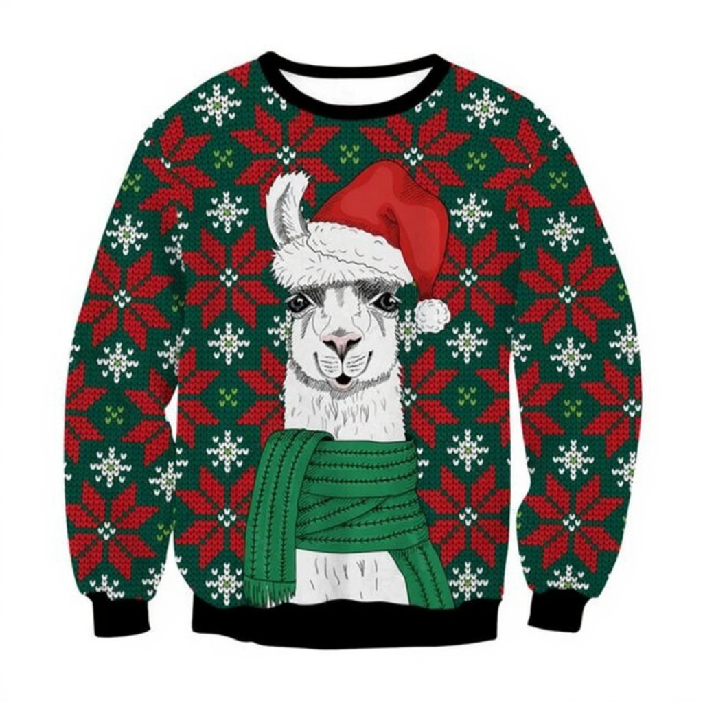 Kawaii Christmas Llama With Hat Printed Sweatshirts
