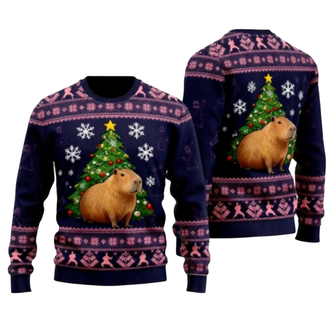 Kawaii Christmas Capybara With Christmas Tree Printed Sweatshirt Kawaii Christmas Capybara With Christmas Tree Printed Sweatshirt